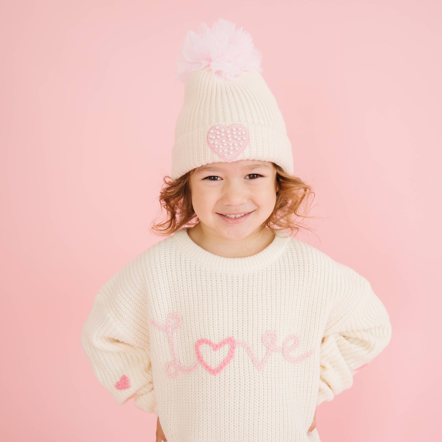Pearl Heart Patch Pom Pom Beanie - Kids Accessories