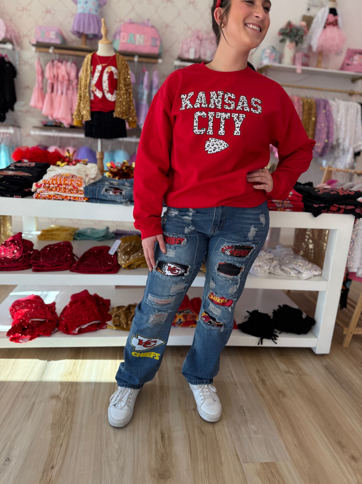 Women's Mid-waist Straight Ripped Printed Jeans Chiefs