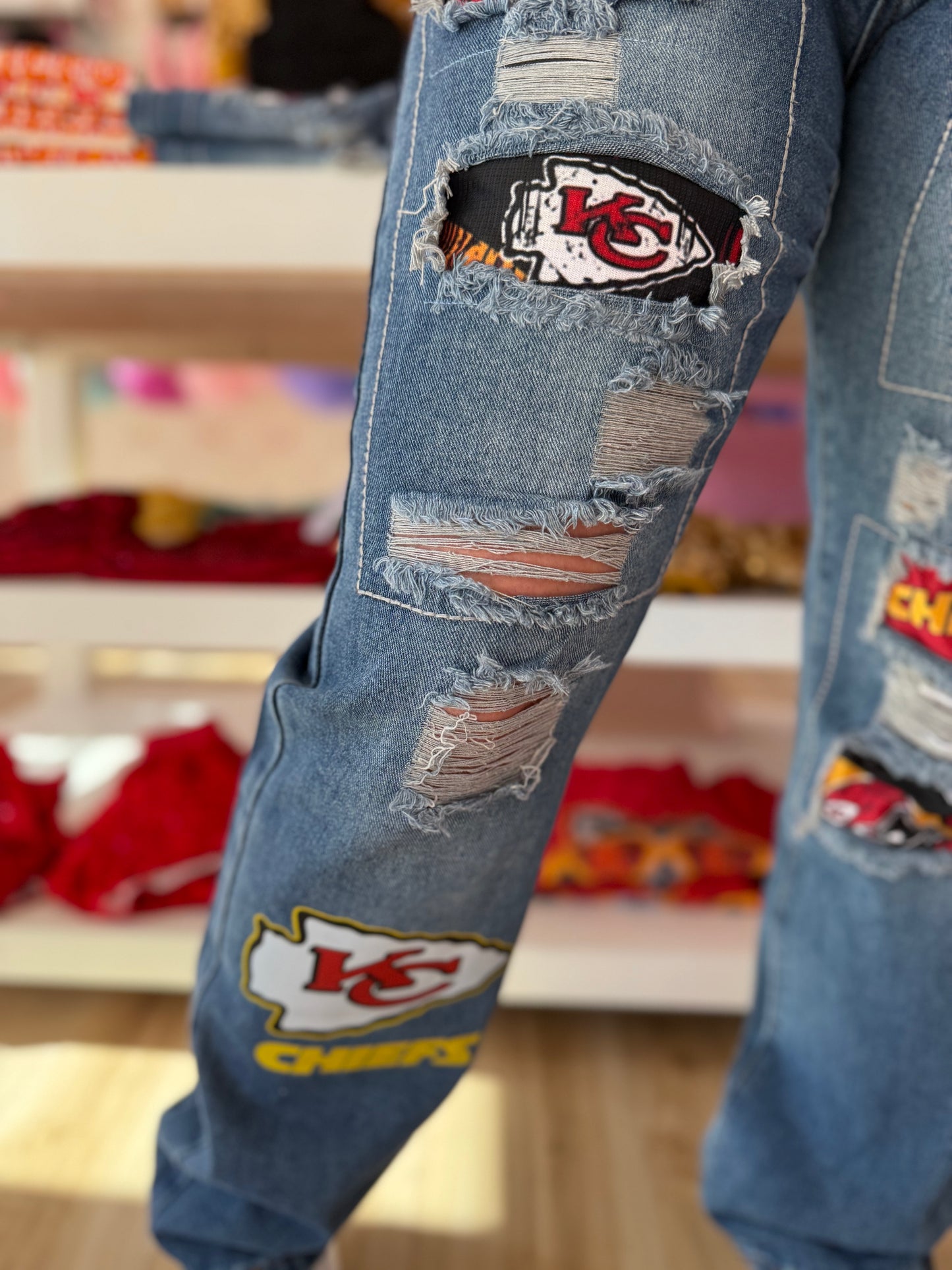 Women's Mid-waist Straight Ripped Printed Jeans Chiefs