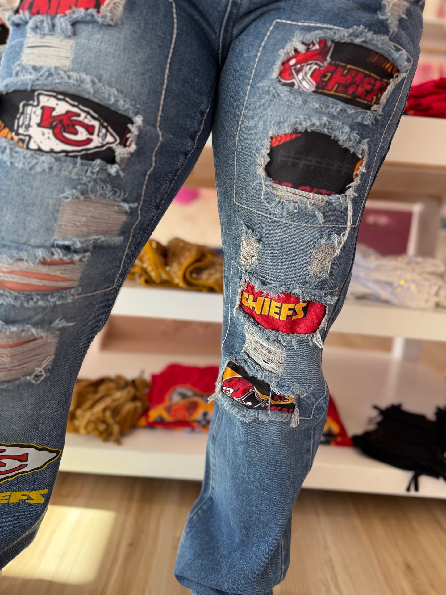 Women's Mid-waist Straight Ripped Printed Jeans Chiefs