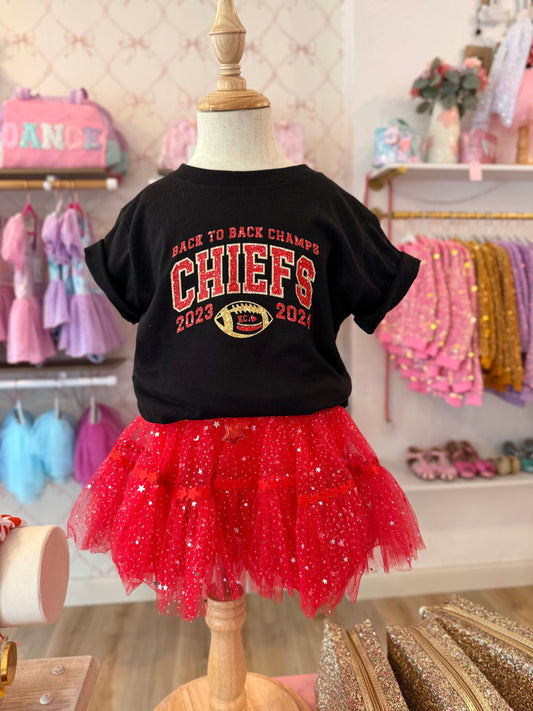 KC Chiefs Tee - Back to Back Champs Faux Glitter