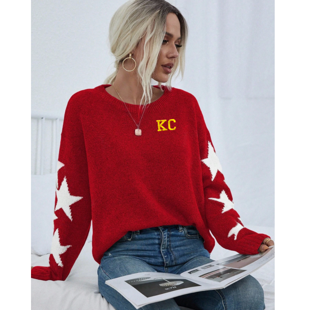 KC Red Crewneck Sweater w/ Star Sleeves, Kansas City