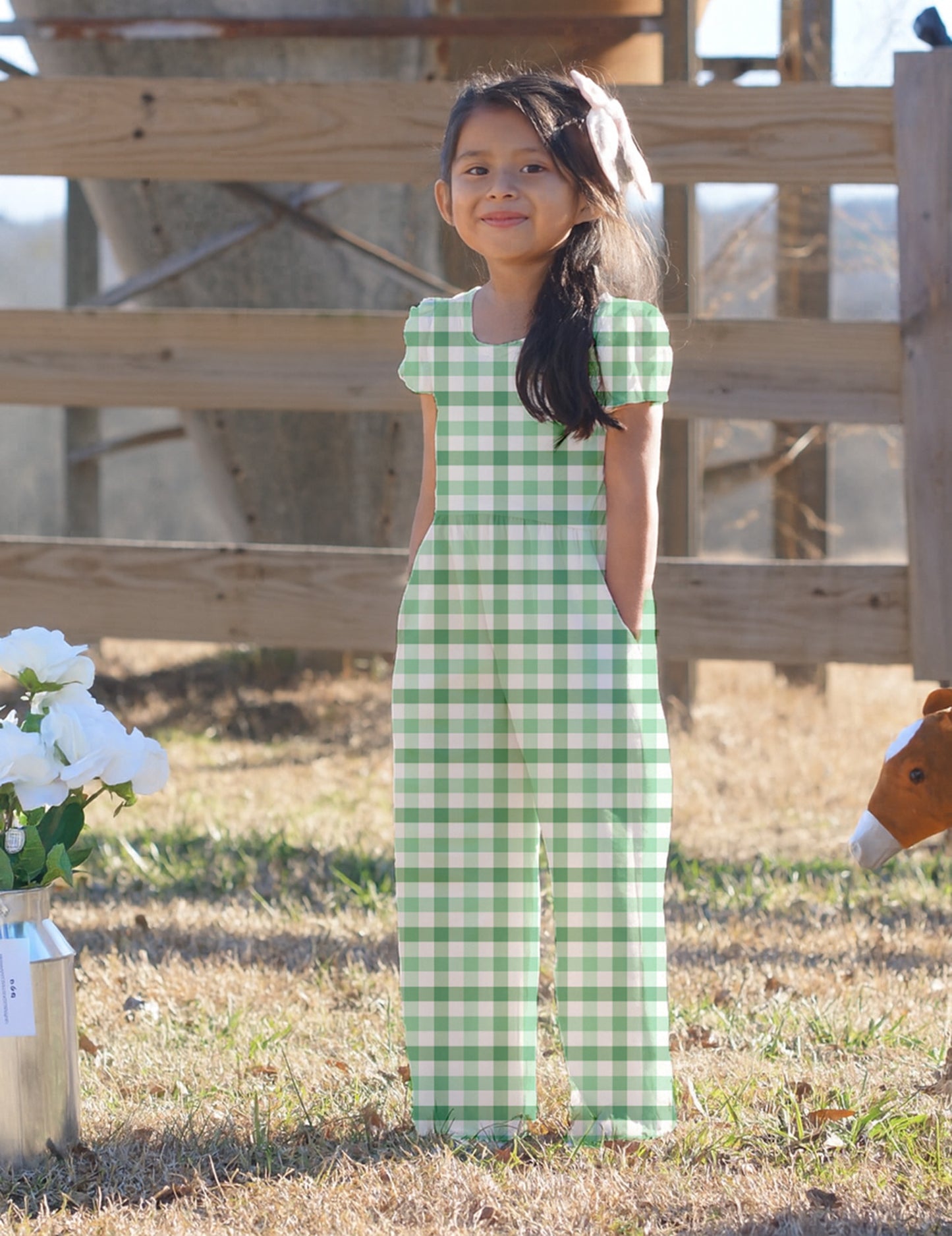 Caroline Leggy Romper - Green Plaid
