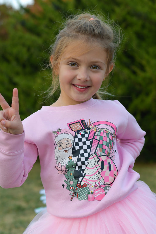 Girls Glam Sweatshirt - Retro Pink Christmas