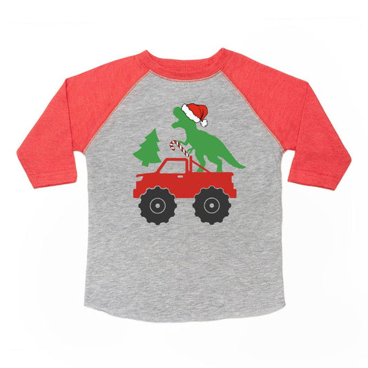 Santa Dino Monster Truck Christmas 3/4 Shirt - Boys Clothing