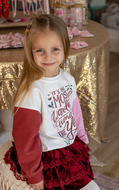 Most Wonderful Time of The Year  | Girls Christmas Color Block Sweatshirt