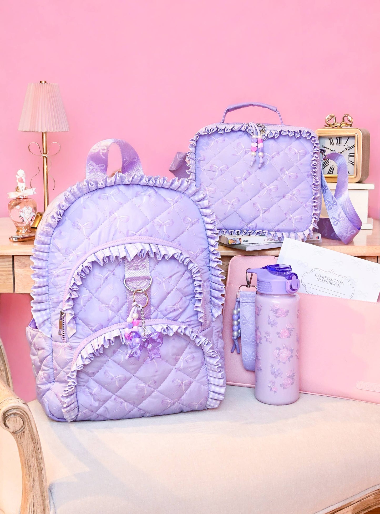 Bow Printed Ruffle Quilted Lunch Bag