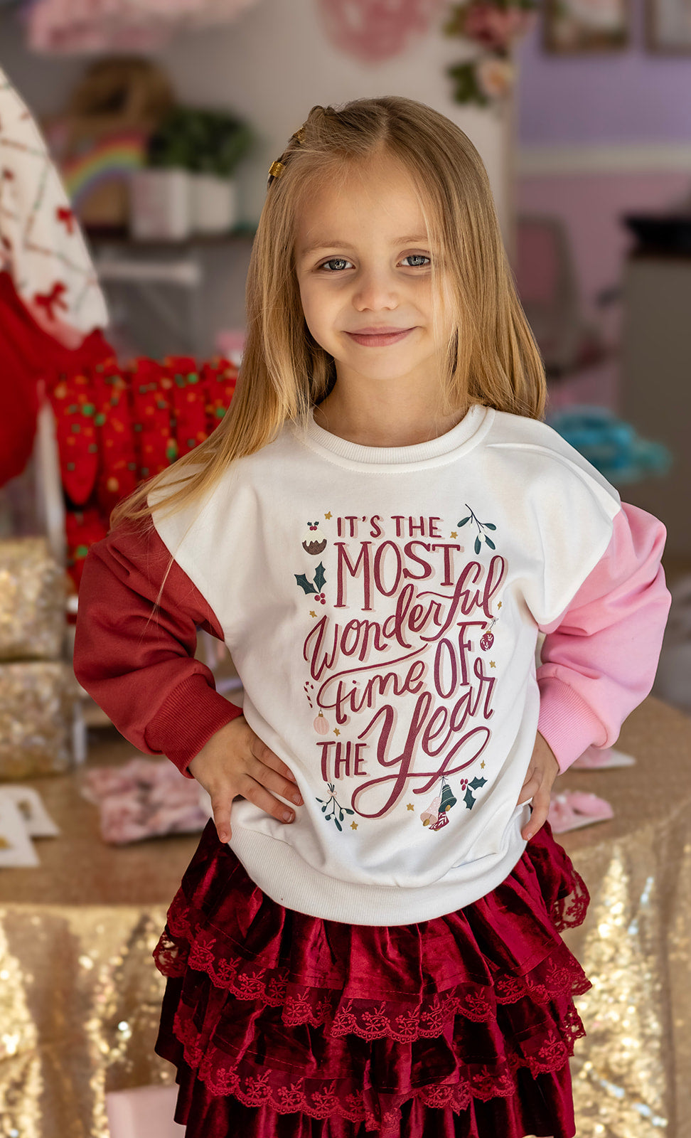 Most Wonderful Time of The Year  | Girls Christmas Color Block Sweatshirt