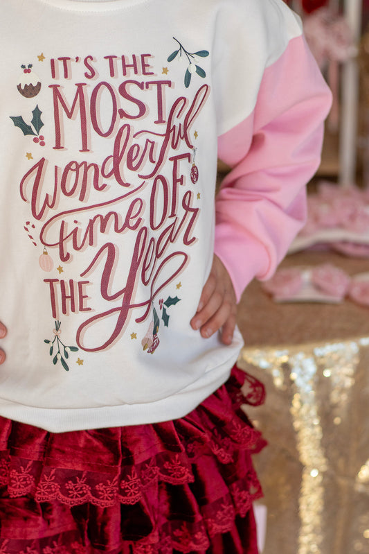 Most Wonderful Time of The Year  | Girls Christmas Color Block Sweatshirt