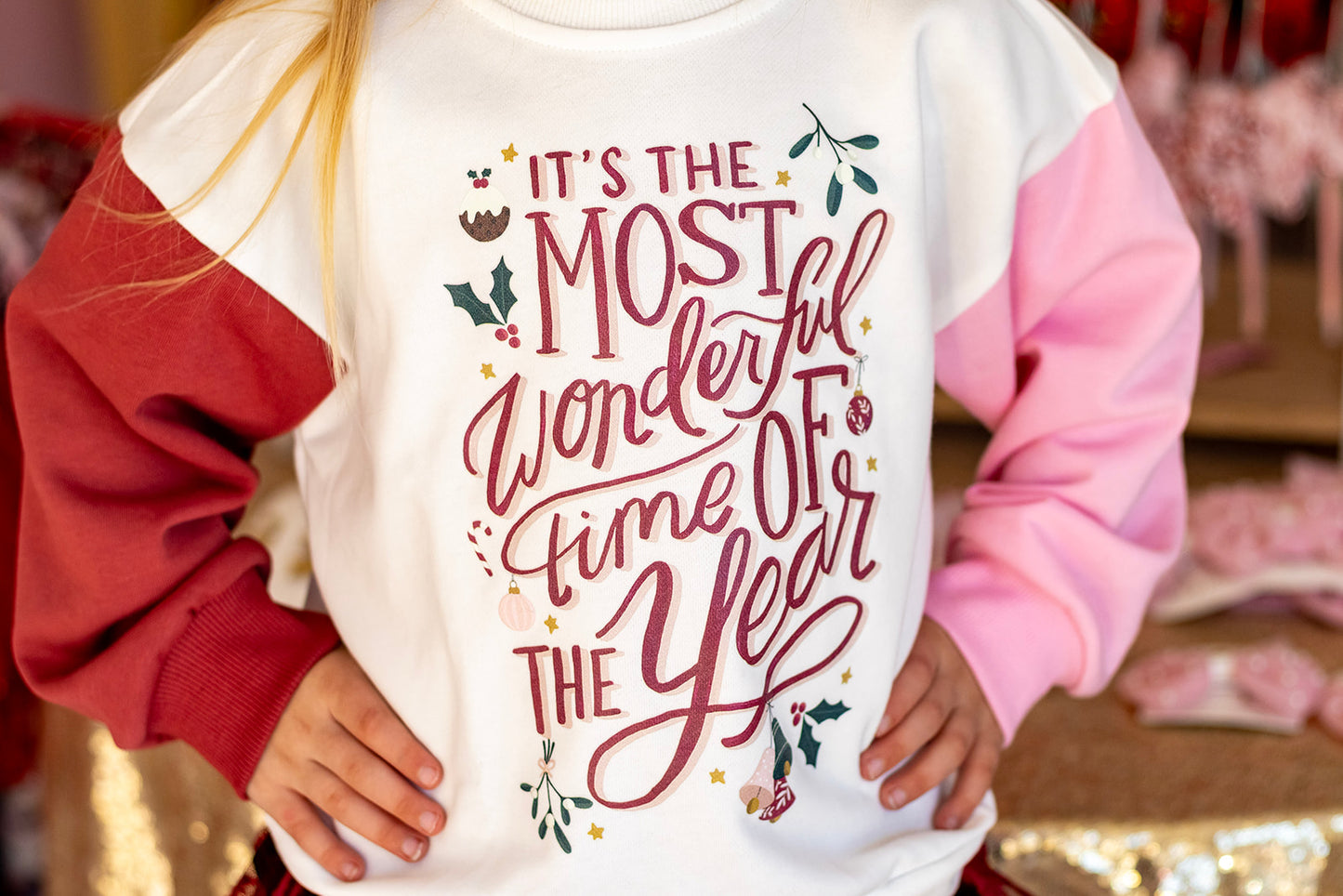 Most Wonderful Time of The Year  | Girls Christmas Color Block Sweatshirt