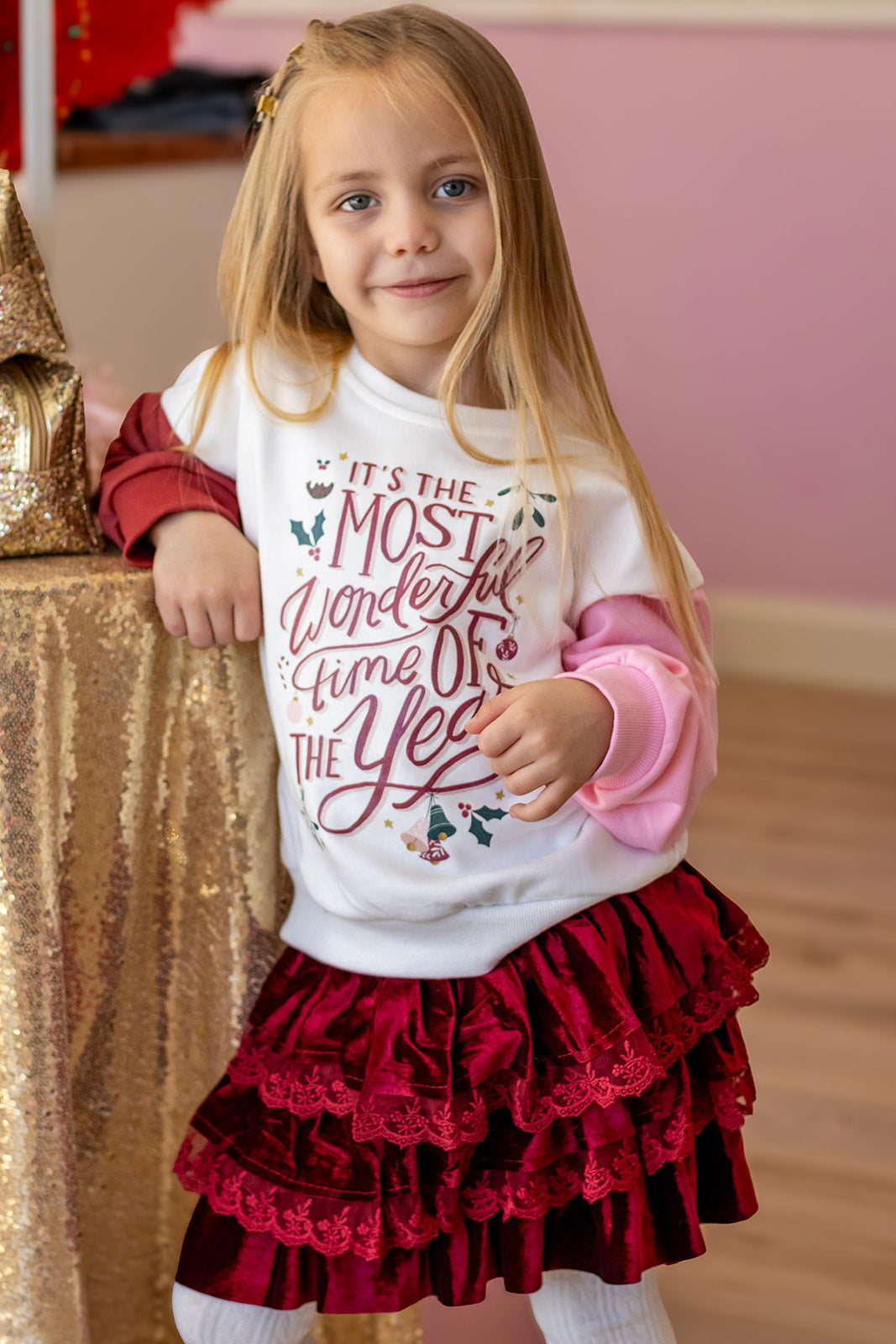 Most Wonderful Time of The Year  | Girls Christmas Color Block Sweatshirt
