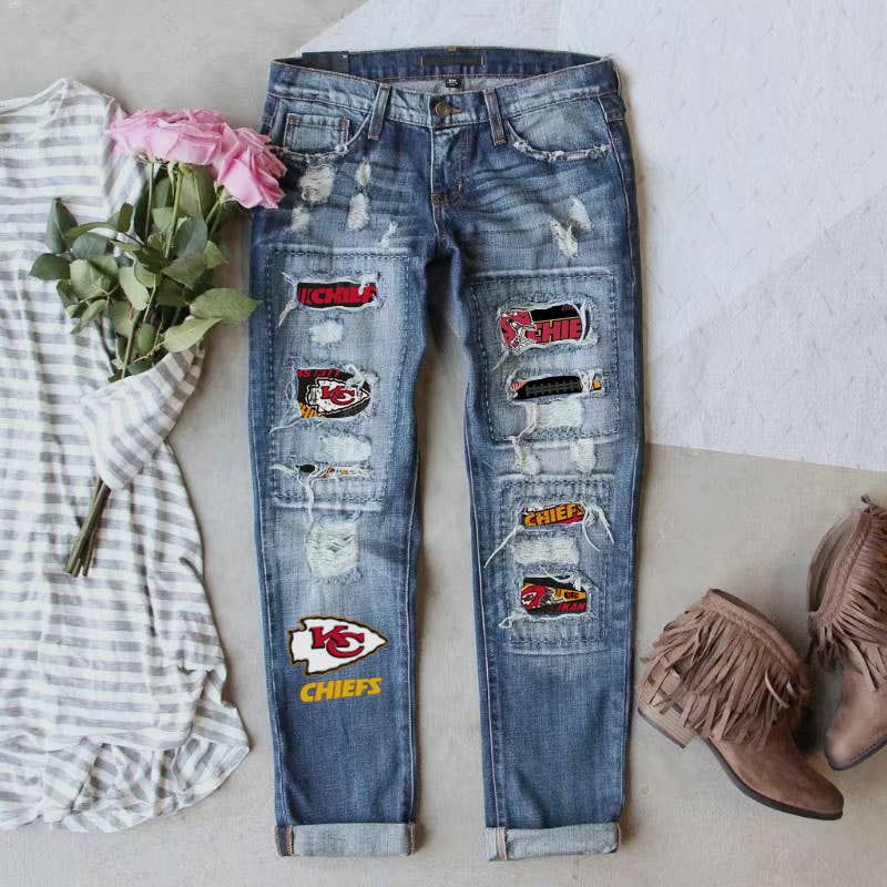 Women's Mid-waist Straight Ripped Printed Jeans Chiefs