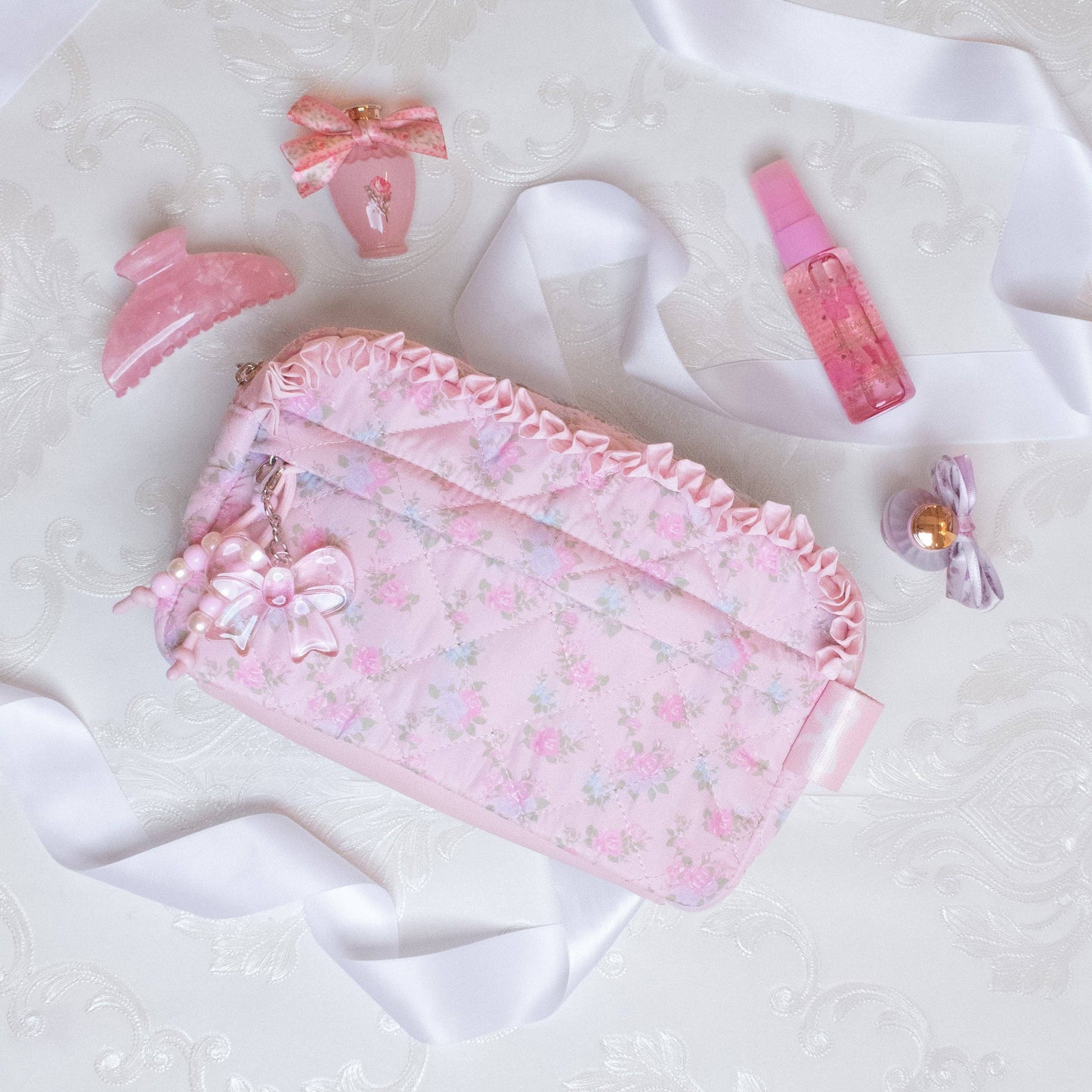 Quilted Floral Printed Pouch with Charm