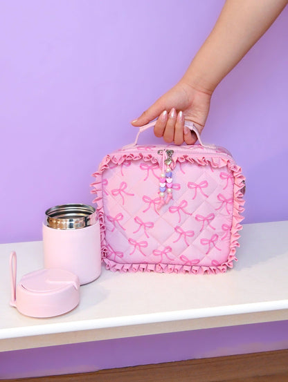 Bow Printed Ruffle Quilted Lunch Bag