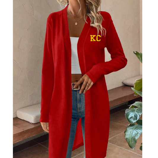 Red KC Long Sleeve Knee Length Cardigan, Kansas City Apparel