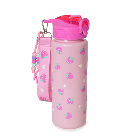 Strawberry Printed Plastic Water Bottle with Wristlet