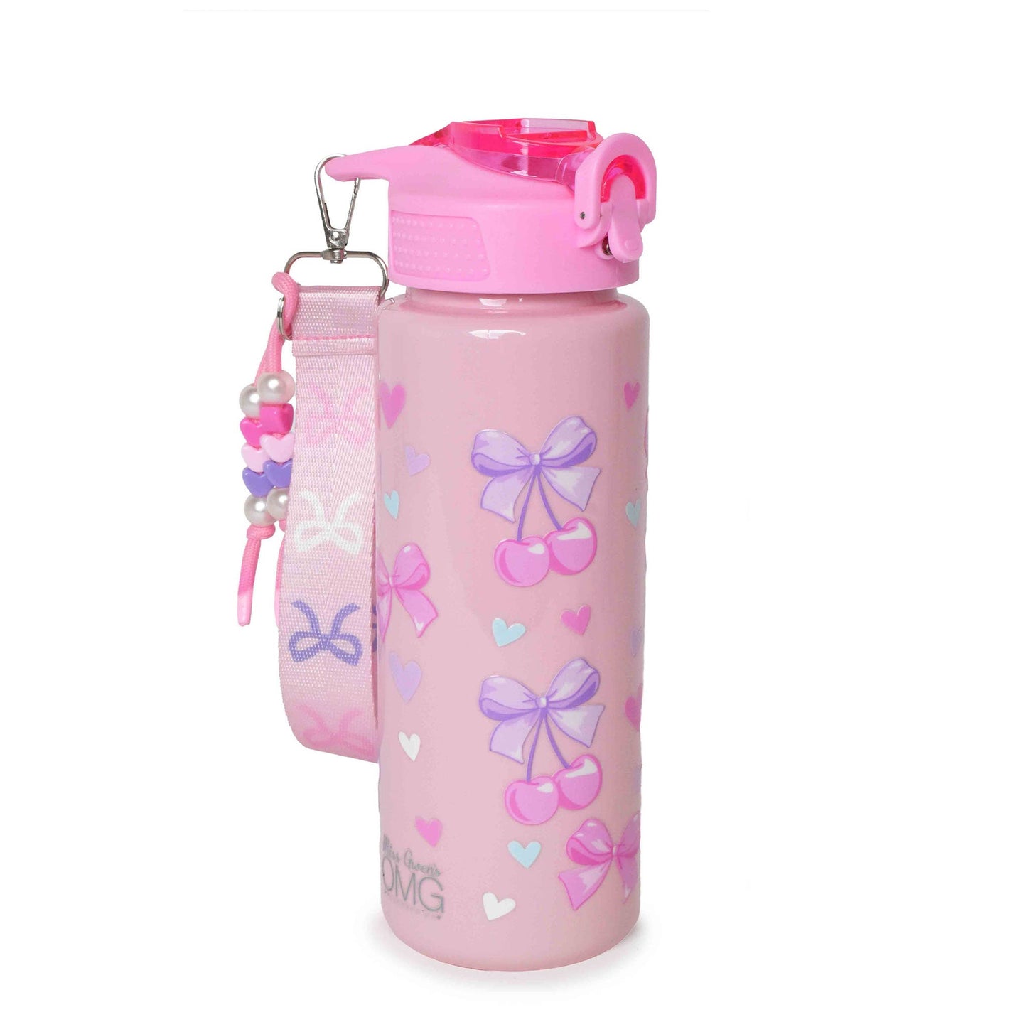 Cherry Bow Printed Plastic Water Bottle with Wristlet