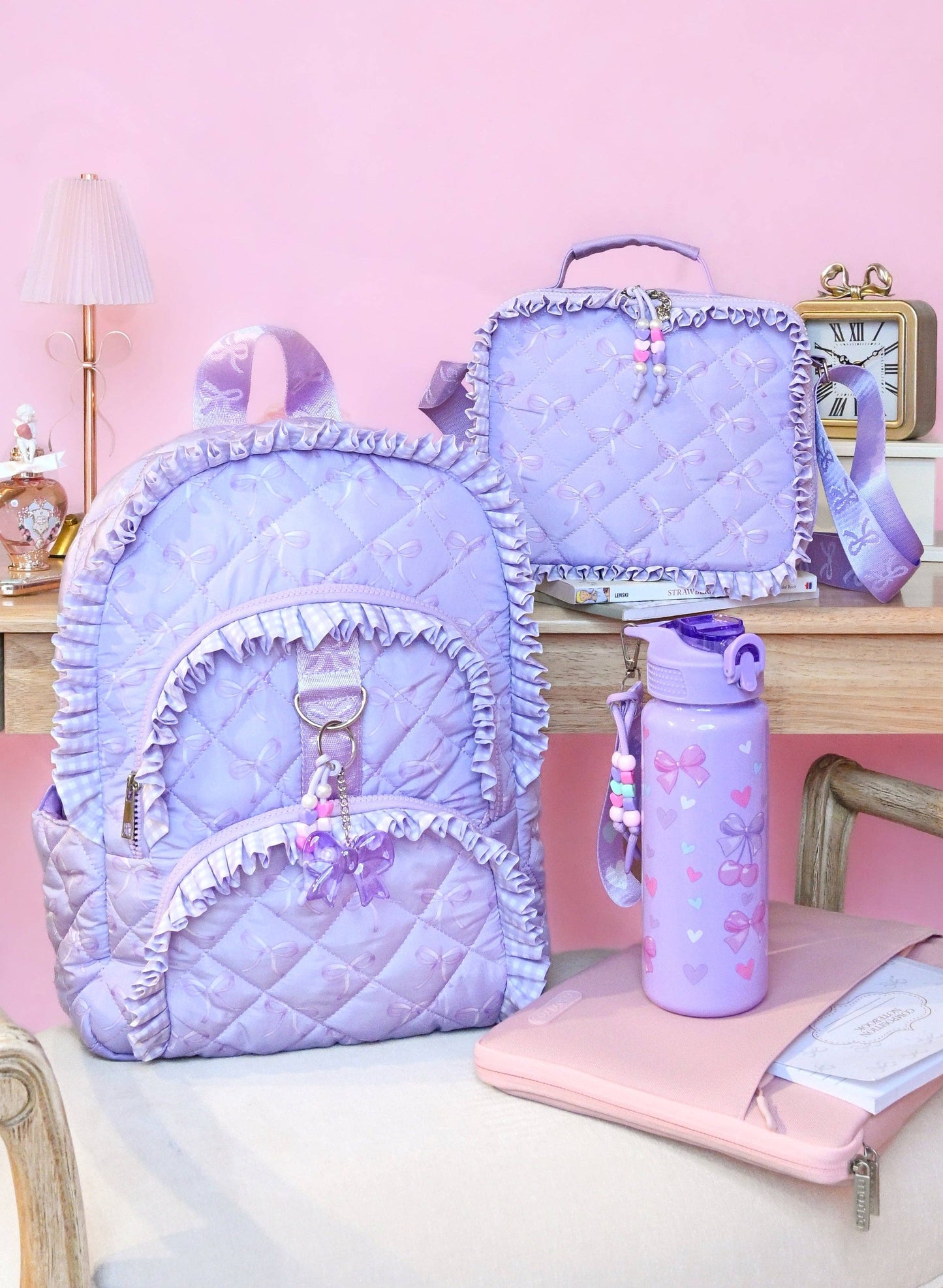 Bow Printed Ruffle Quilted Large Backpack