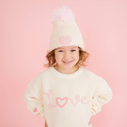 Pearl Heart Patch Pom Pom Beanie - Kids Accessories