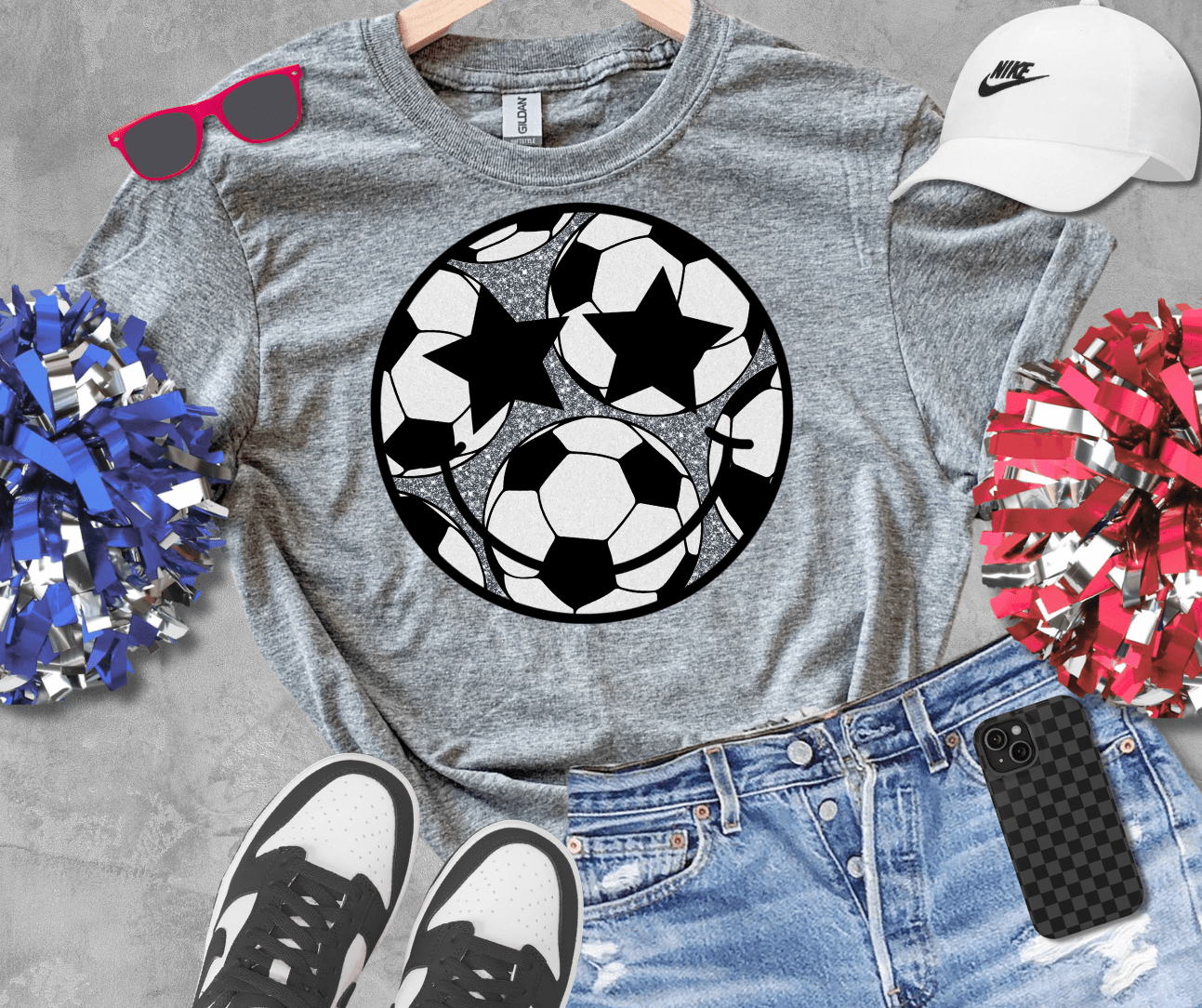 Faux Glitter Soccer Happy Face Grey Tee