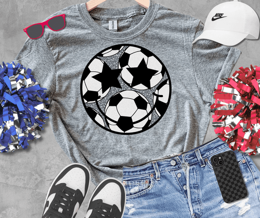 Faux Glitter Soccer Happy Face Grey Tee