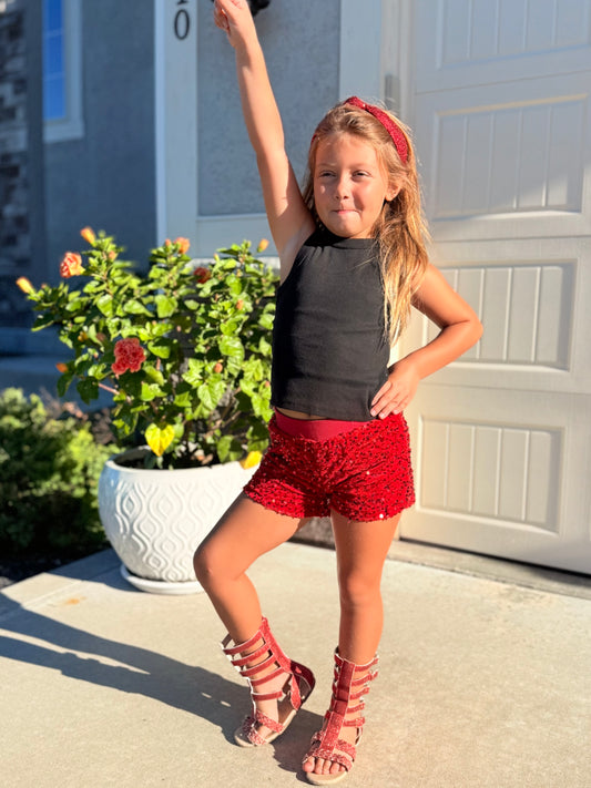 Girls Red Sequin Shorts With Lining