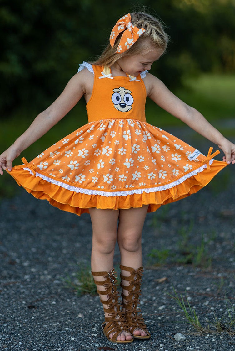 Lena Dress Set -Pup Friends Orange - Sizes 2,3,8