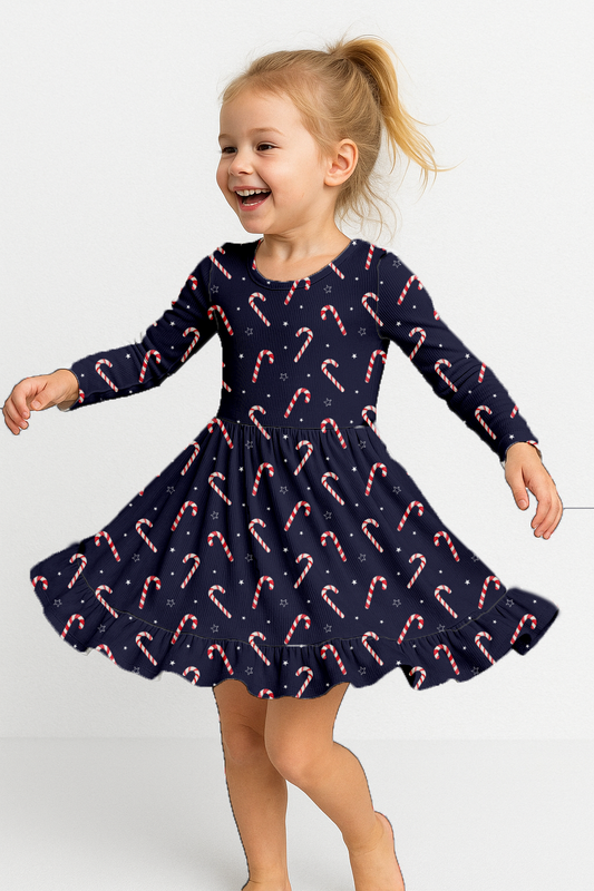 Luxe Ribbed Knit Twirl Dress - Candy Cane Cheer