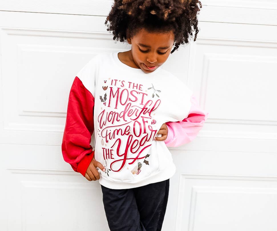 Most Wonderful Time of The Year  | Girls Christmas Color Block Sweatshirt