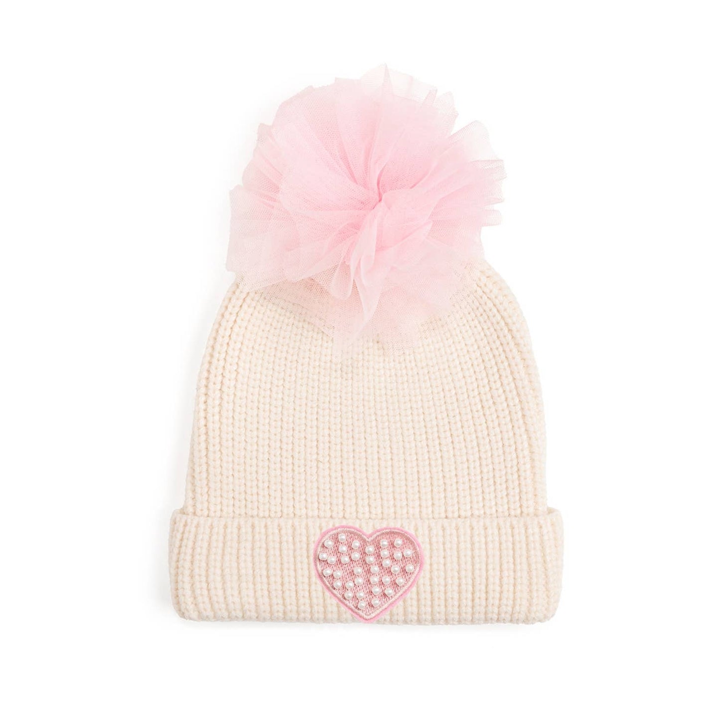 Pearl Heart Patch Pom Pom Beanie - Kids Accessories