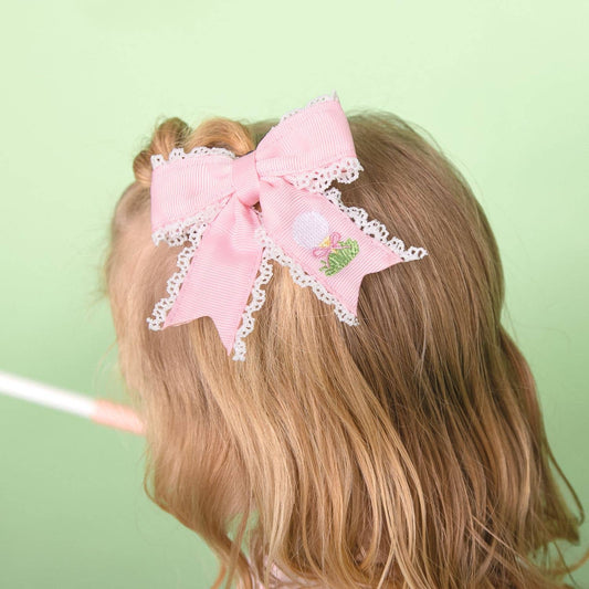 Golf Tee Embroidered Lace Bow Clip - Kids Hair Bows