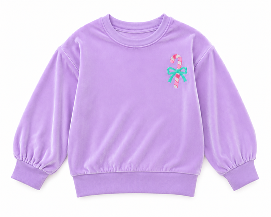 Girls Velour Sweatshirt -  Purple Candycane